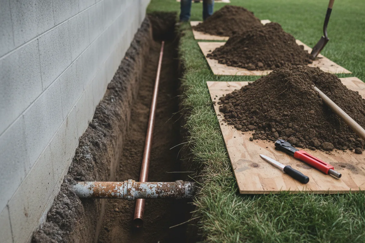 Excavated water line trench during Sewer Line Repair in Attalla